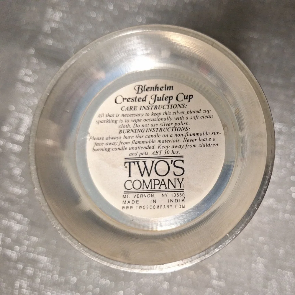 Two's Company Blenheim Crested Mint Julep Cup Silver Plate with Wax Candle Tag
